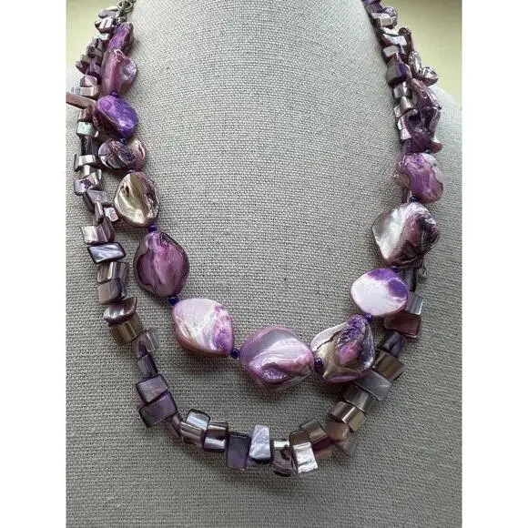 Double Strand Purple Shell Bead Necklace - Picture 8 of 10